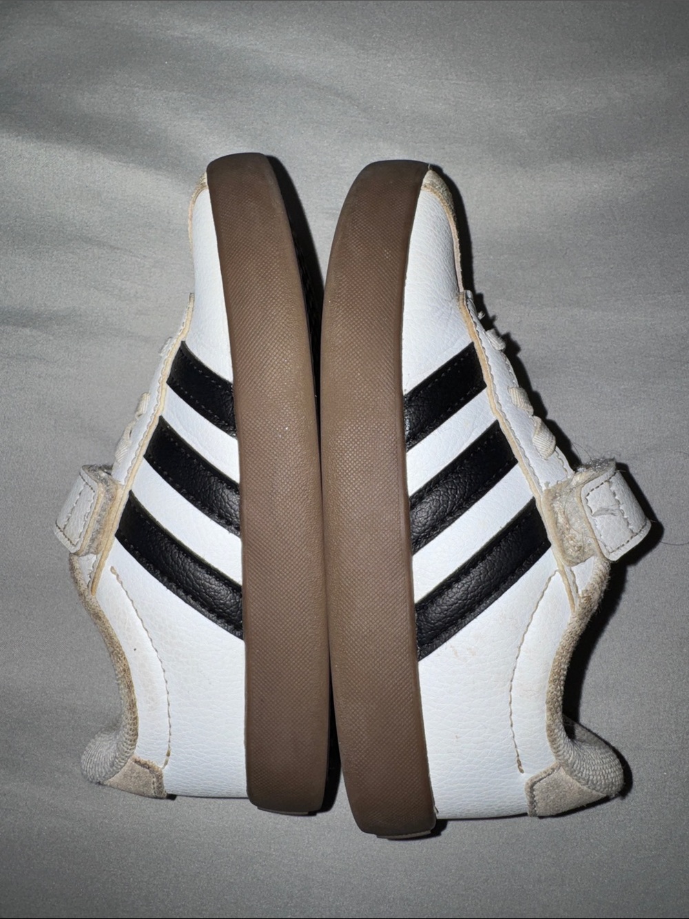 adidas White Sneakers with Black Stripes and Brown Gum Sole